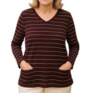 J. Jill Long Sleeve Burgundy & White Cotton Blend Striped Vneck Top w Pockets 2X